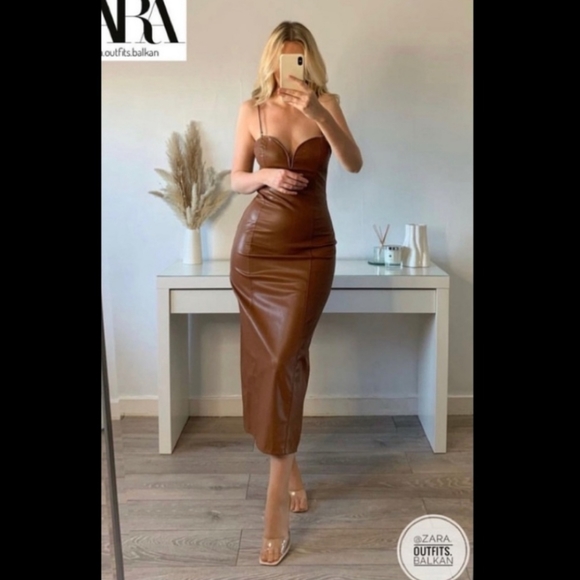 $120 Zara Faux Leather Dress Midi Brown - Picture 9 of 16